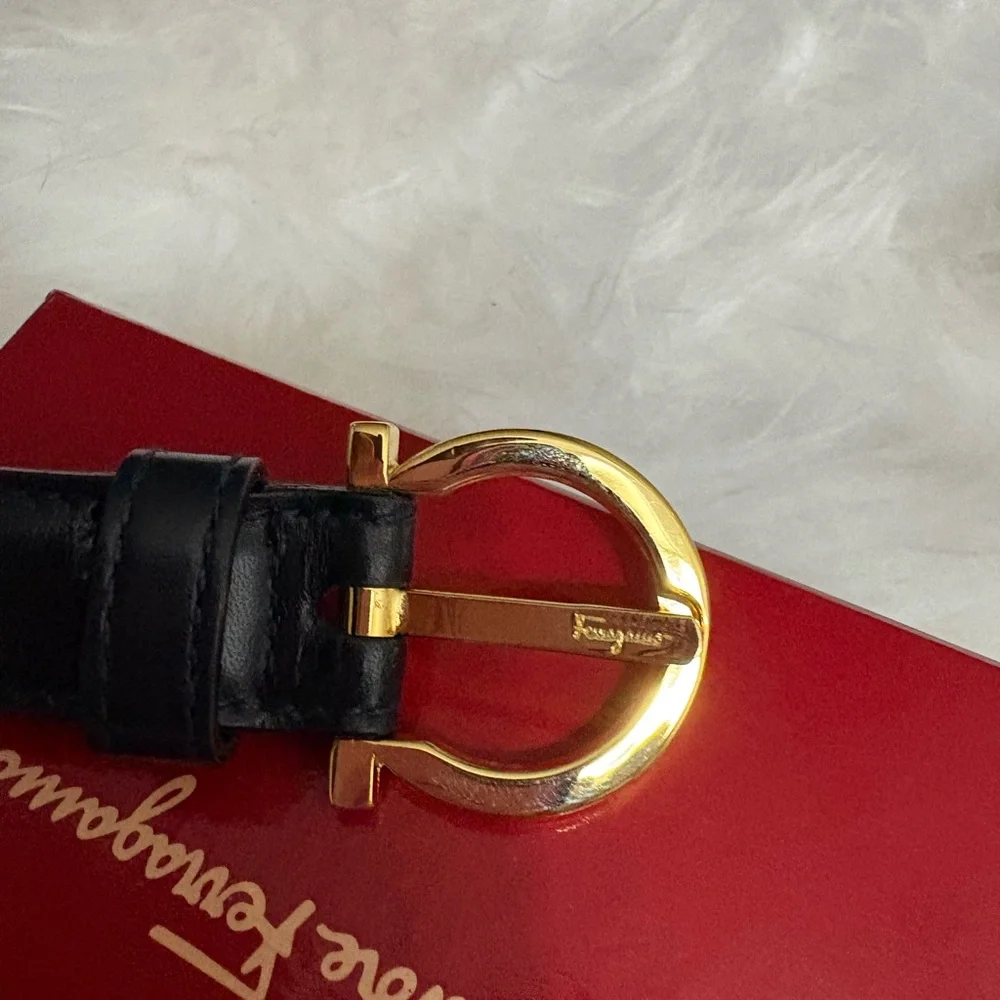 Salvatore Ferragamo black Leather Belt with Gold Buckle